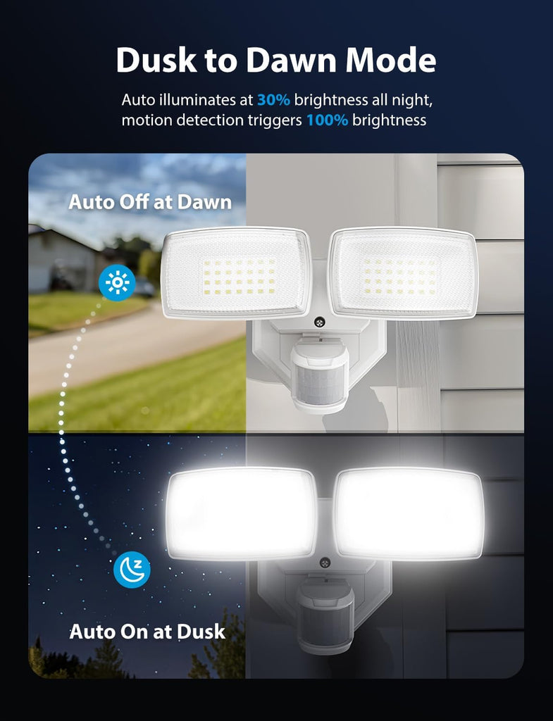 32W 2 Head Motion Sensor Outdoor Lights, 3200LM 6500K LED Security Light Hardwired, Dusk to Dawn, Motion Detector