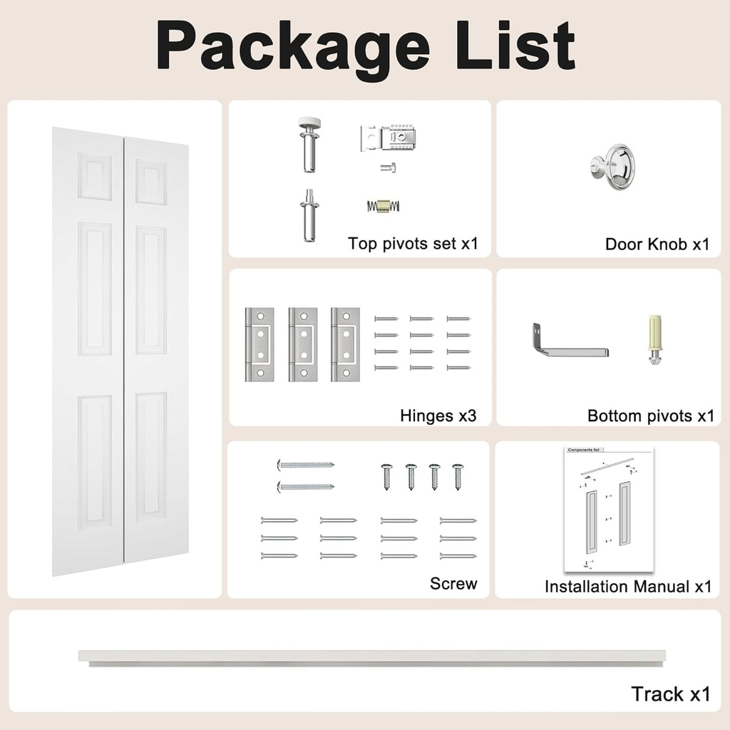 24 in.x 80 in. Bifold Barn Door, 6 Panel White Primed Bifold Closet Door, Hollow Core Interior Barn 