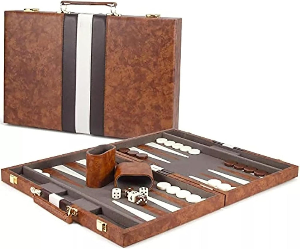 15-Inch Portable Backgammon Set with Folding Board and Leather Travel Case