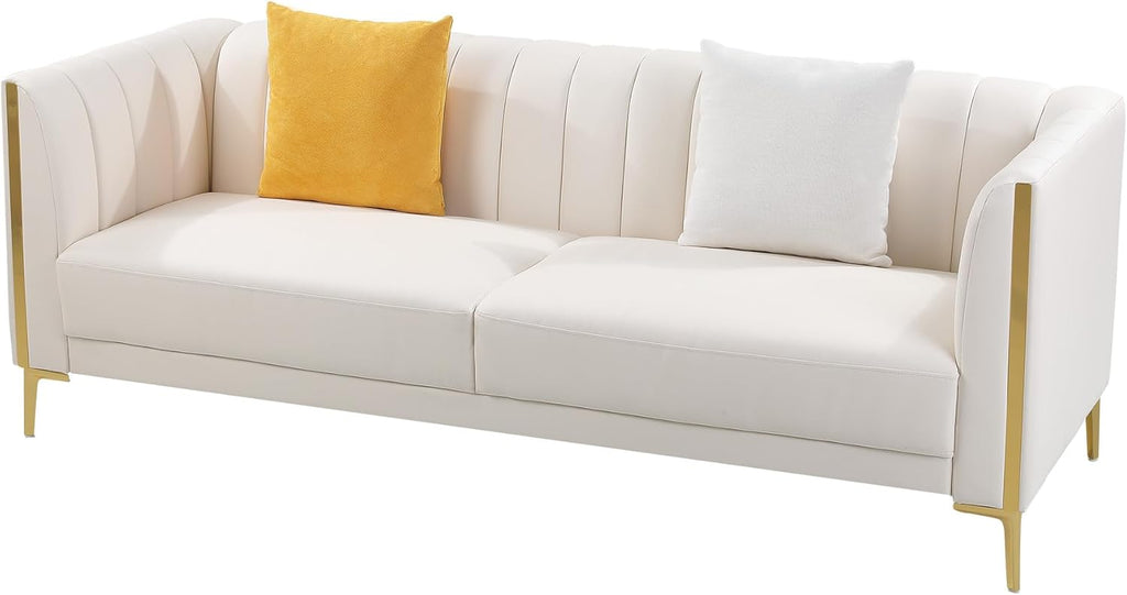 White Leather Couch Sofa, Office Couches 78'' Apartment Faux Leather Sofa with 2 Throw Pillows & Gold Metal