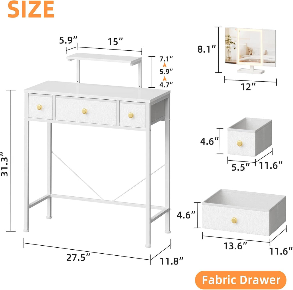 Small Makeup Vanity Desk 27.5''W with Mirror and Lights, White | 3 Drawers, USB Lighted Mirror, Height-Adjustable