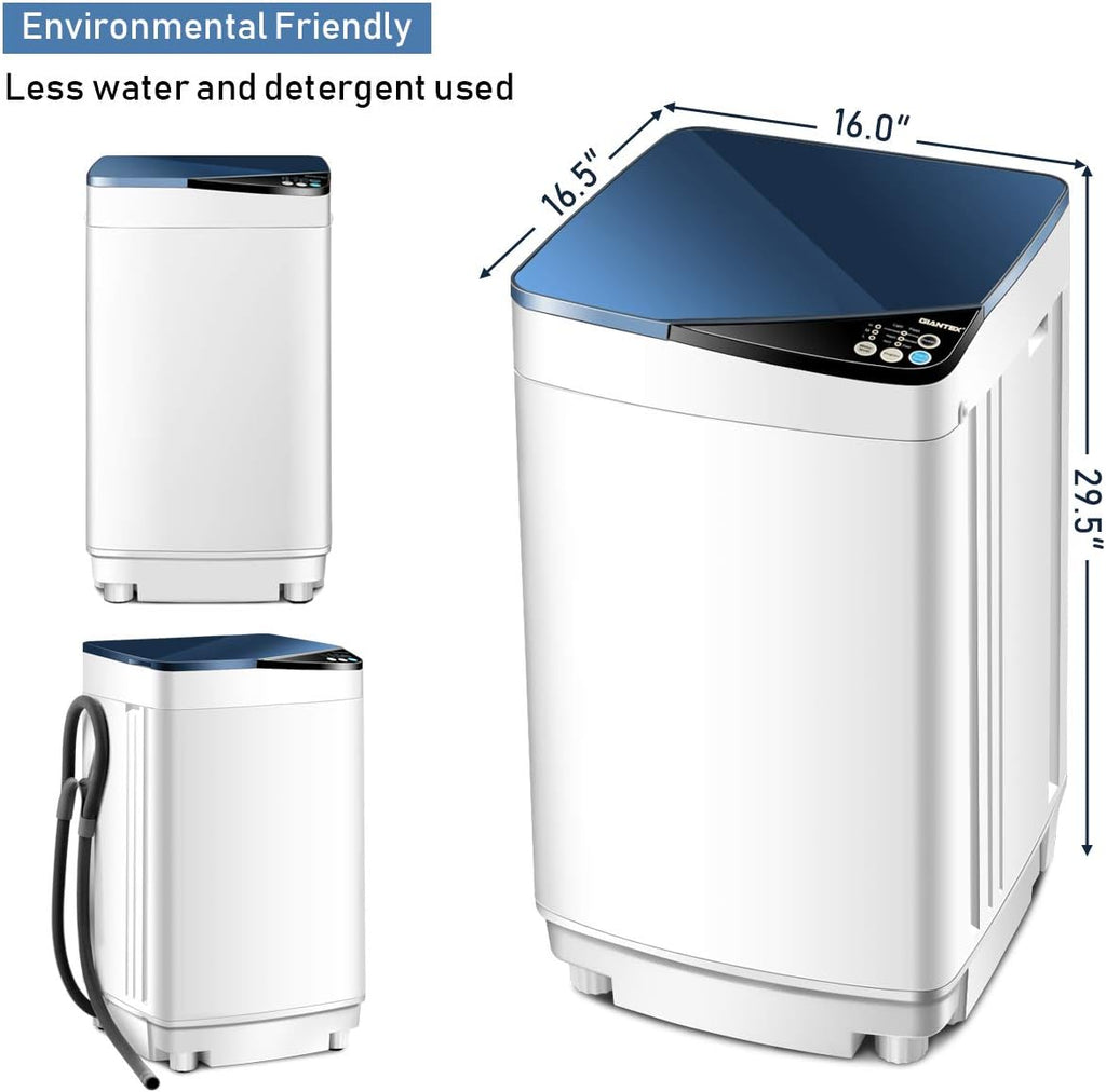 Full-Automatic Washing Machine Portable Washer and Spin Dryer 7.7 lbs Capacity Compact Laundry Washer with Built-in Barrel Light Drain Pump and Long Hose for Apartments Camping (White & Blue)