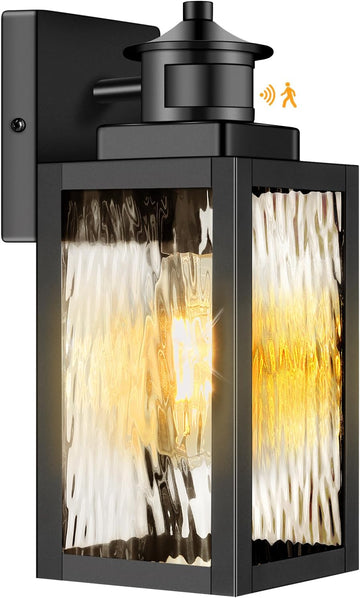 Motion Sensor Outdoor Lights Fixture, Dusk to Dawn Exterior Porch Light Wall Mount with Water-Rippled Glass