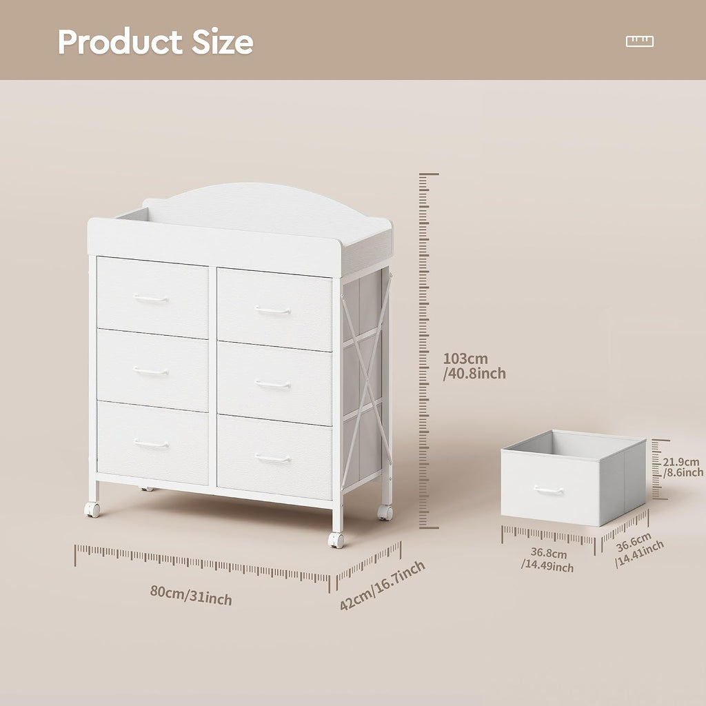 Changing Table Dresser, 6 Fabric Drawers, Mobile Storage, White | Changing Table,Waterproof Diaper pad & Safety