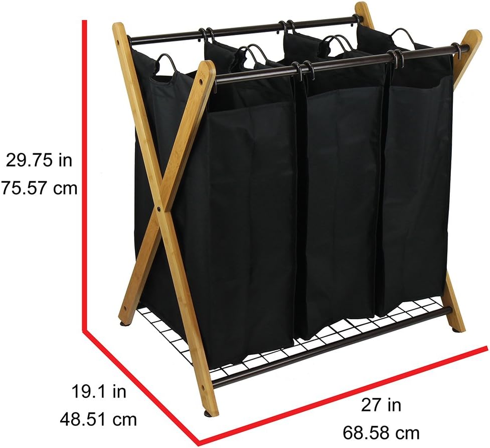 XBS1484 Bamboo 3-Bag Laundry Sorter Black, 29.75 in. H x 19.10 in. W x 27 in.
