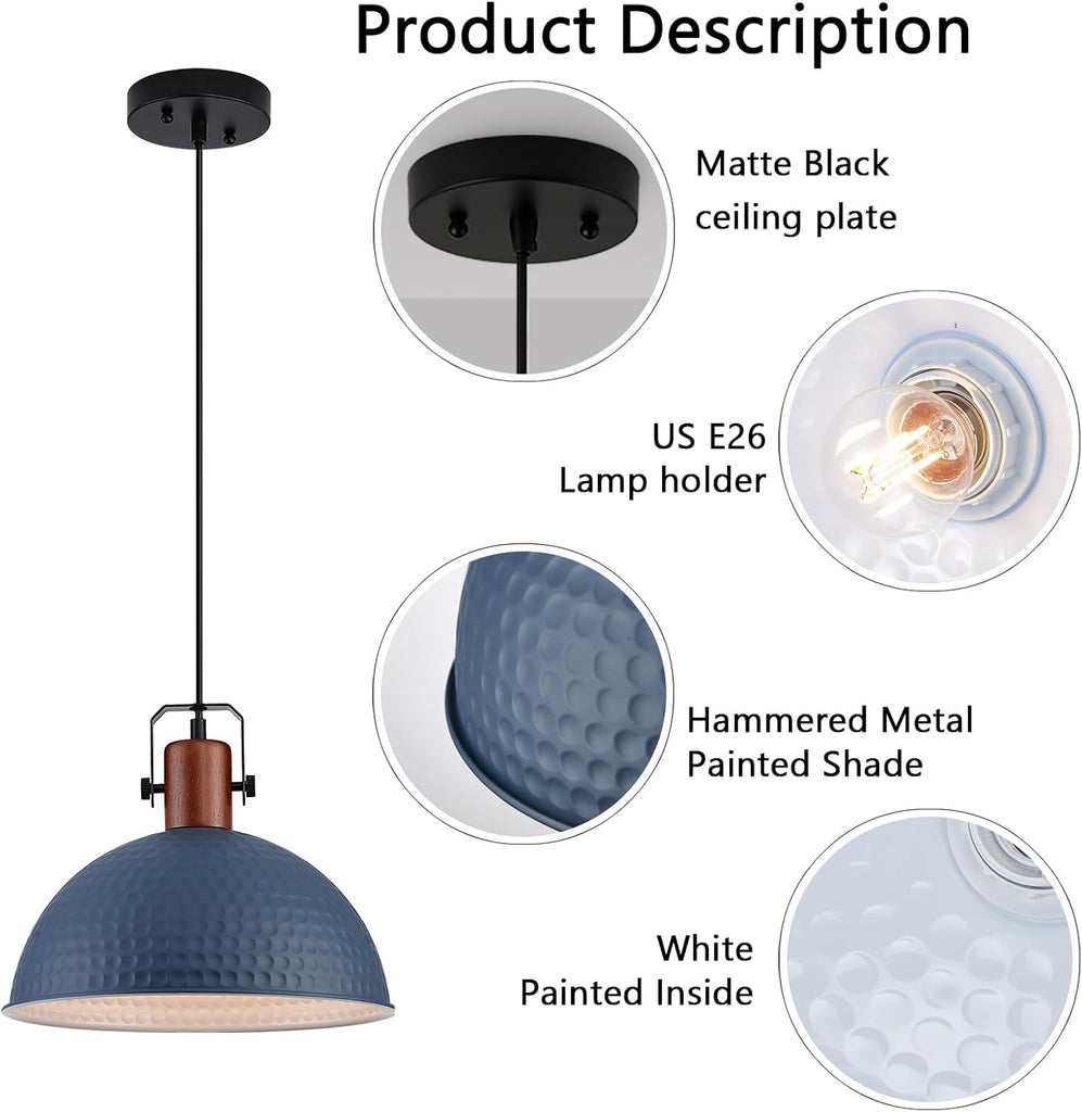 12 Inch Blue Pendant Lights Hammered Matte Pendant Lights for Kitchen Island Industrial Farmhouse Adjustable Height