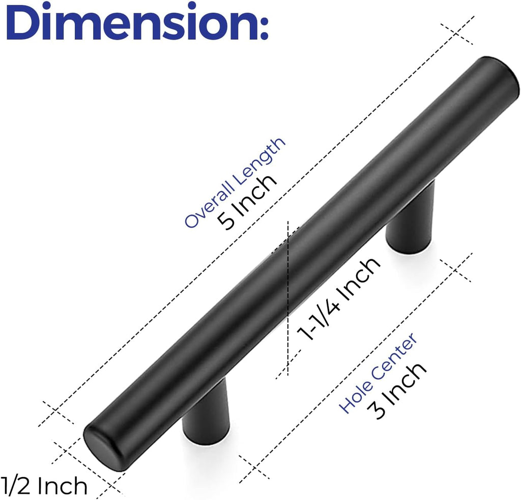 2 Pack 5'' Cabinet Pulls Matte Black Stainless Steel Kitchen Drawer Pulls Cabinet Handles 5”Length, 3” Hole Center