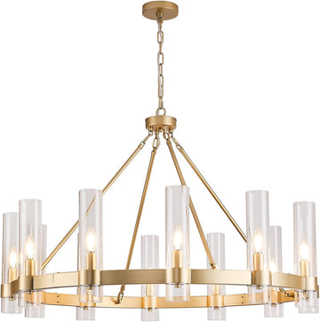 Inspired Ravelle Style Wagon Wheel Chandelier, 12-Light Golden Farmhouse Round Chandelier, Industrial Lighting fixtures, Glass Chandelier, Suitable for Porch, Dining Room, Living Room, and Bedroom