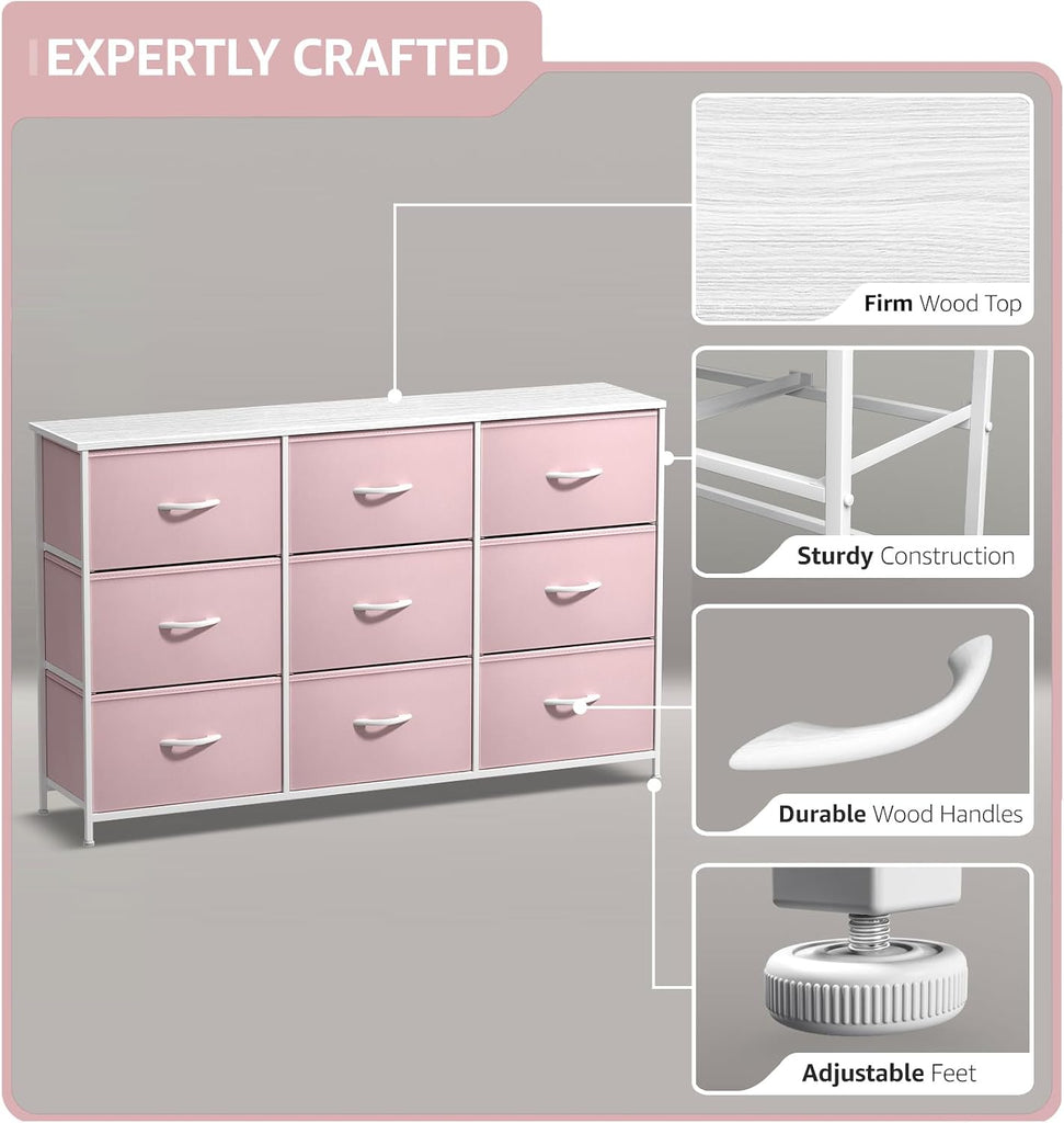 Kids Dresser with 9 Drawers - Storage Unit Organizer Chest for Clothes - Bedroom, Kids Room, Nursery, & Closet