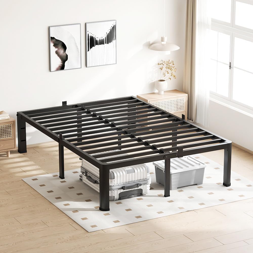 18 Inch Full Bed Frame, 3500Lbs Heavy Duty Metal Platform with Round Corner Legs Mattress Slide Stopper