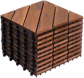 10 PCS Interlocking Deck Tiles, 12" x 12" Acacia Wood Patio Tiles with Diagonal Pattern, Weather-Resistant Snap