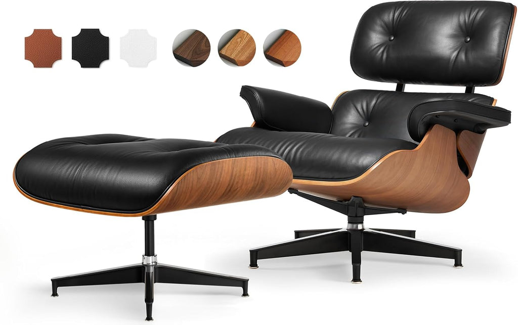 Modern Reading Chair and Ottoman — Walnut Leather