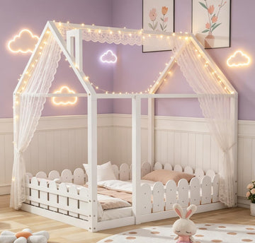 Tw Floor Bed with Rail for Kids, Wood Montessori Floor beds with roof for Kids, no slats White