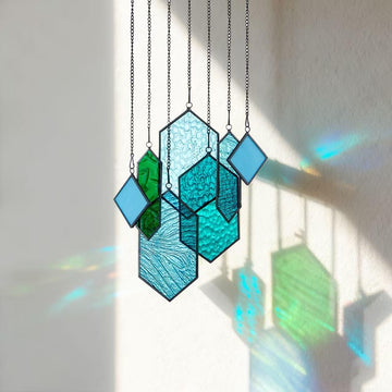Stained Glass Window Hanging, Suncatchers Crystal Window Decor, Blue Green