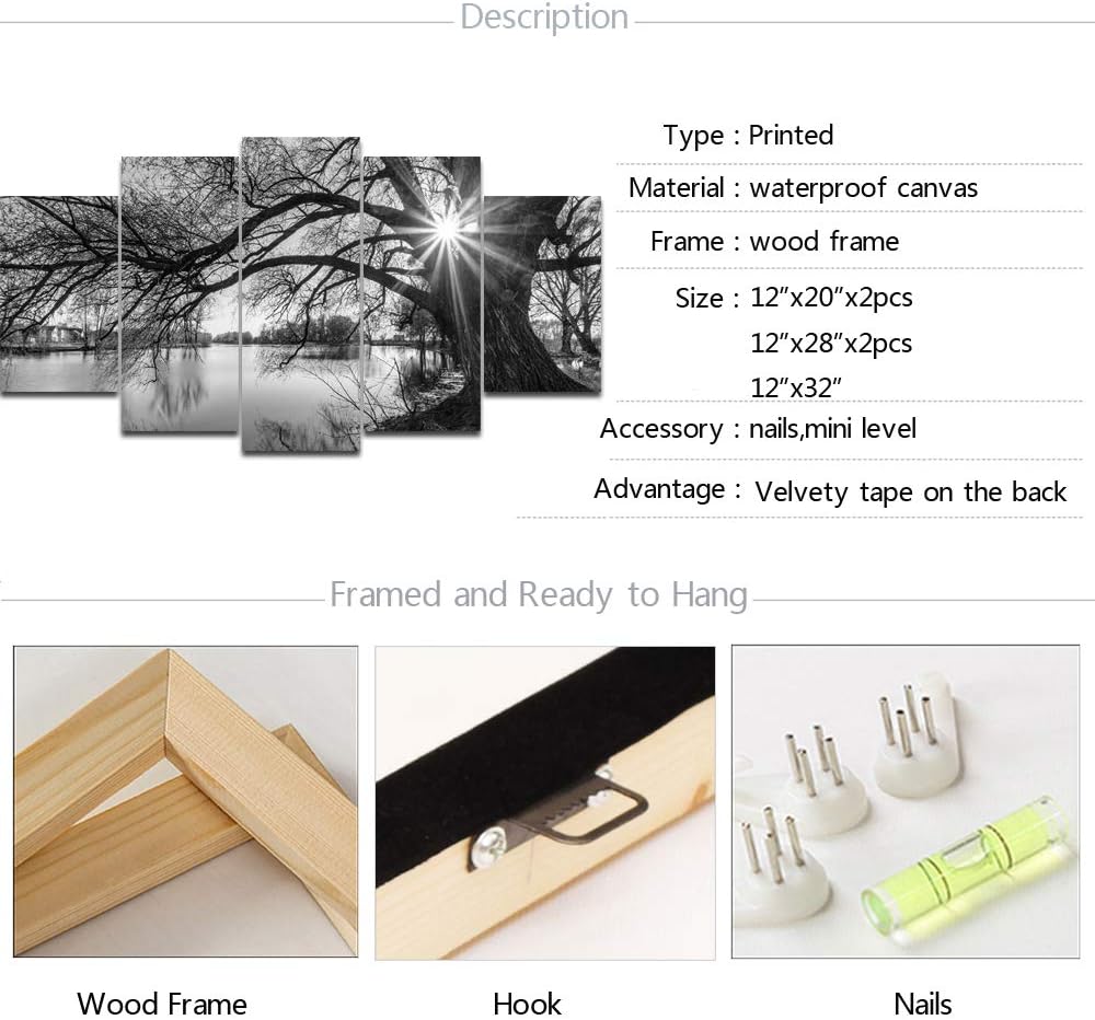 5 Pieces Wall Art Old Tree by Lake Picture Canvas Prints Sunrise Painting Black and White Landscape Canvas Art Modern
