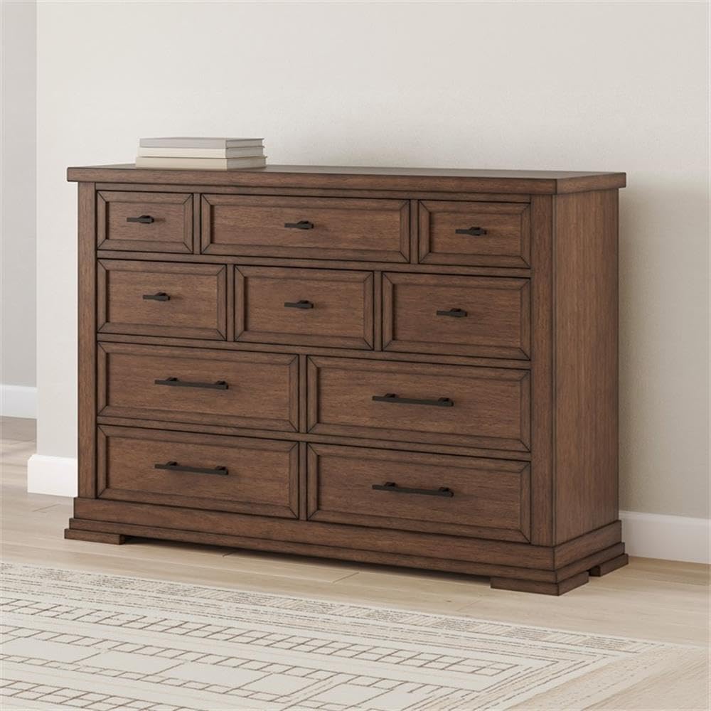 10-Drawer Double Dresser, 64 in Wide, Solid and Engineered Wood, Brown Finish, Picture Frame Detailing, Felt-Lined