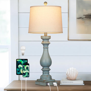 29" Tall Coastal Lamp, Retro-Blue Vintage Bedside Nightstand Lamps with USB Charging Ports A/C, 3-Way Dimmable Touch