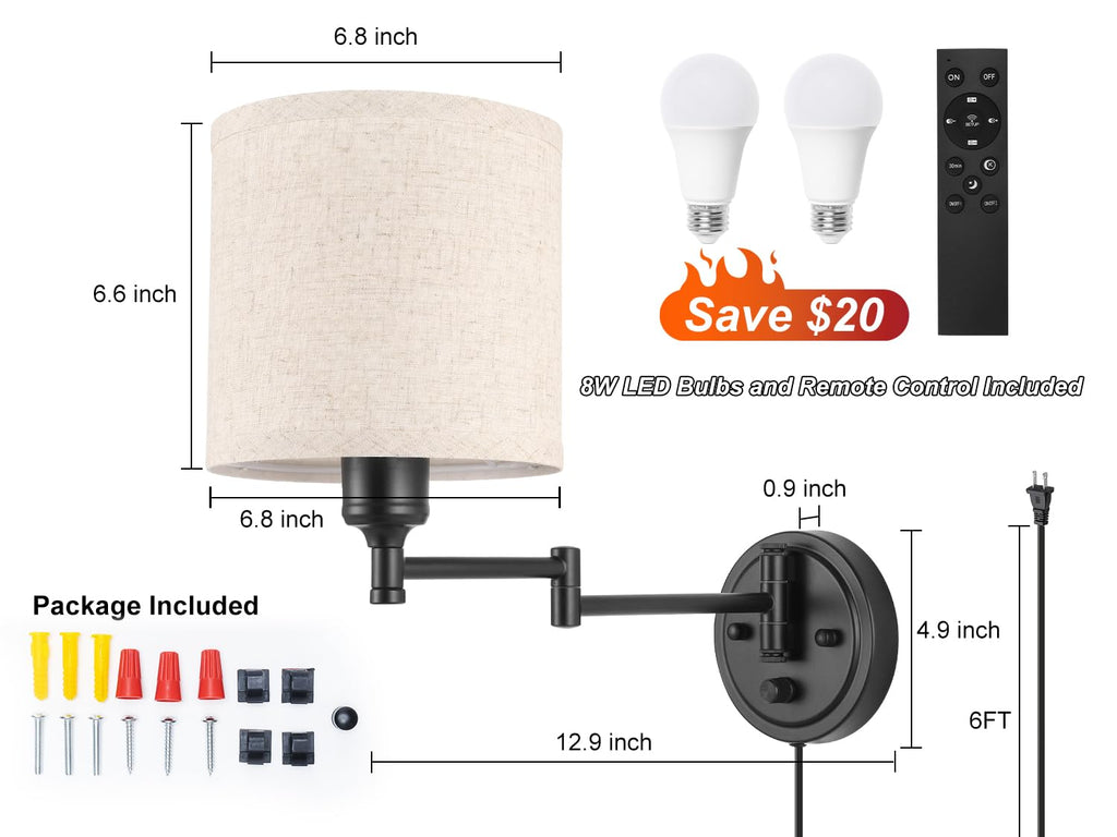 Plug in Wall Sconces with Remote Control, Dimming 10%-100% & Adjustable Colors 2700K-6500K, Hardwire or Plug