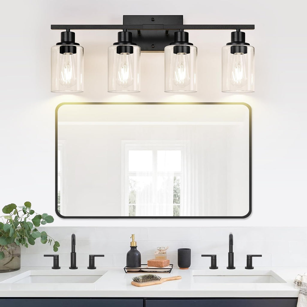4-Light Bathroom Light Fixtures, Matte Black Modern Vanity Lights with Clear Glass Shades, Bathroom Wall Lamp for