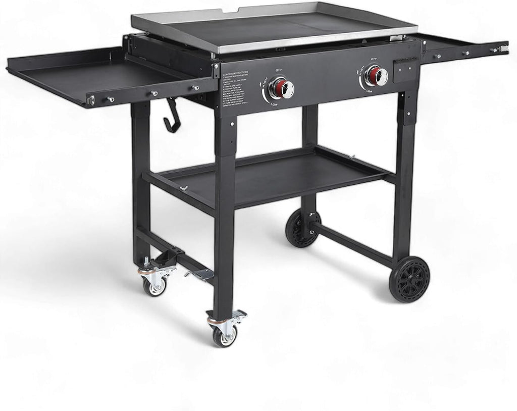 Foldable 2-Burner Propane Gas Grill with 28-Inch Flat Top Griddle, Pre-Seasoned Griddle Pan and Side Shelves for Outdoor Cooking