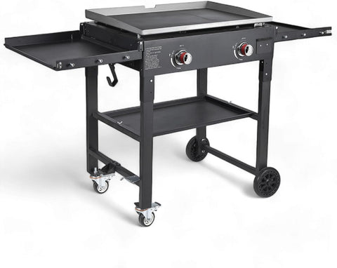 Foldable 2-Burner Propane Gas Grill with 28-Inch Flat Top Griddle, Pre-Seasoned Griddle Pan and Side Shelves for Outdoor Cooking