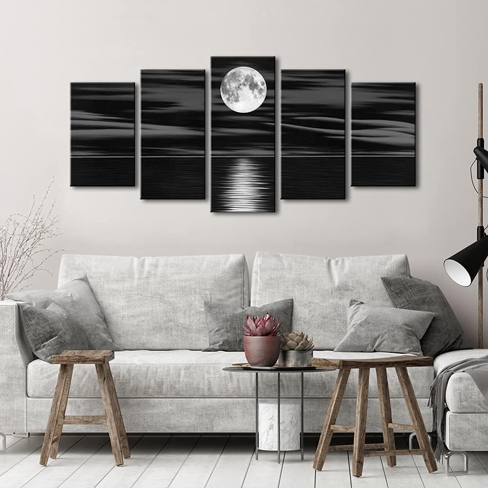Sea White Full Moon in Night Canvas Print Wall Art Black and White Ocean Beach Bedroom Kitchen Home Decorations 5