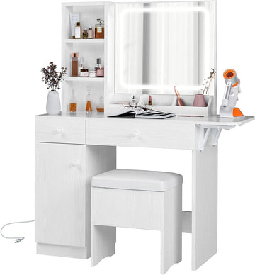 Vanity Desk with Charging Station and Dressing Room | LED Lights, Drawers, Mirror, Storage, Drawer space