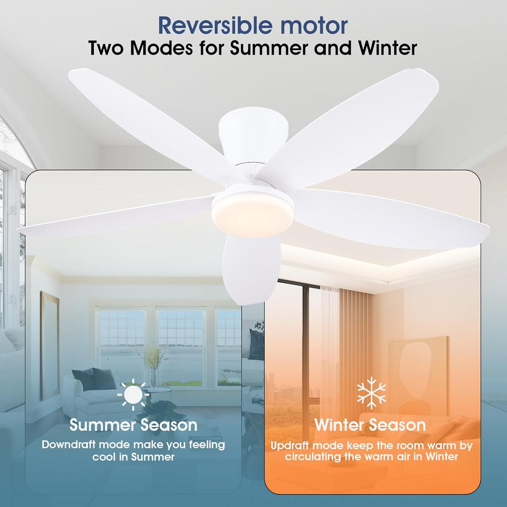 42" Ceiling Fans with Lights-Low Profile Ceiling Fan with Light and Remote/APP Control,Flush Mount,DC Reversible,LED Dimmable Modern Ceiling Fans for Bedroom,Indoor/Outdoor Patio Use(White)
