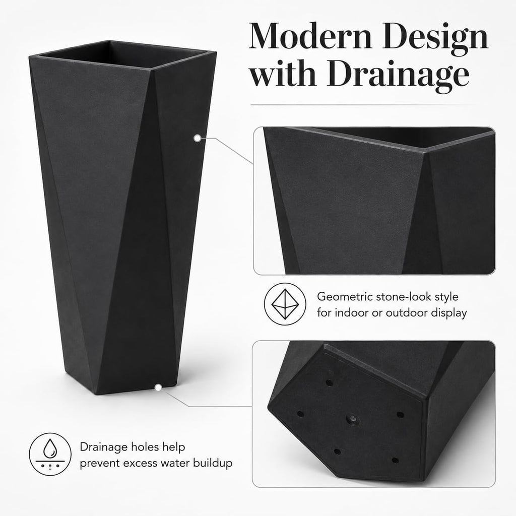 Tall Large Planters Set of 3, Modern Stackable Outdoor Flower Pots with Drainage Holes, Geometric Geometric