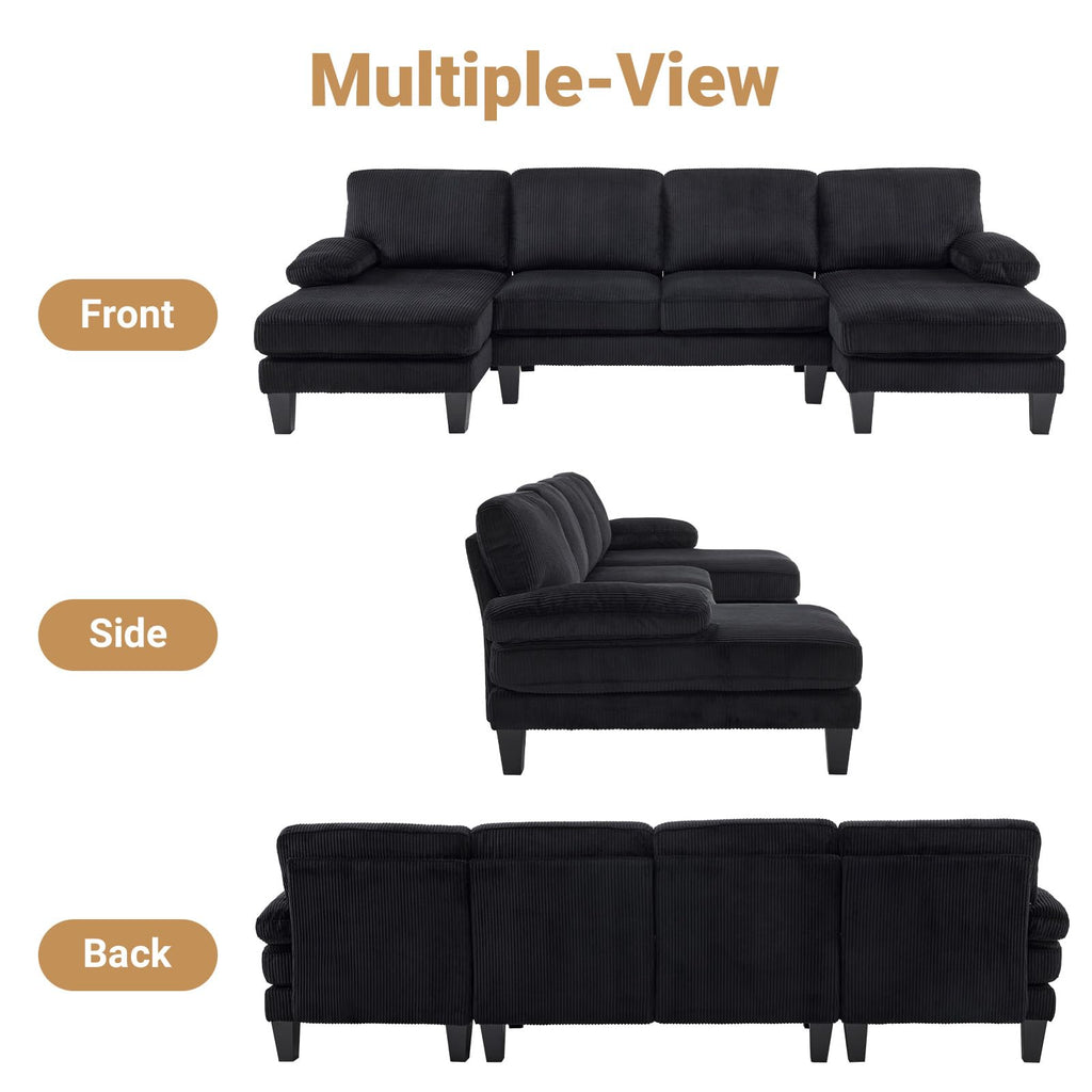 110" Sectional Couches, U Shaped Couch with Double Chaise, 4-Seat Sofa Set with Corduroy Fabric Furniture, Black