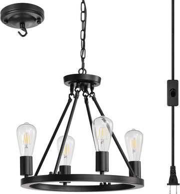 4-Light Plug in Chandelier,Wagon Wheel Style,Black Round Metal Chandelier,Hanging Light with 16.5ft Cord