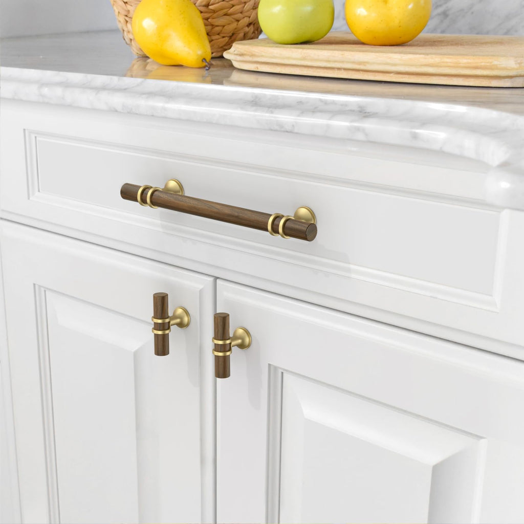 10 Pack 5 Inch(128mm) Wood and Gold Cabinet pulls Kitchen Cabinet Handles, Cabinet Pulls Kitchen Cabinet Hardware for