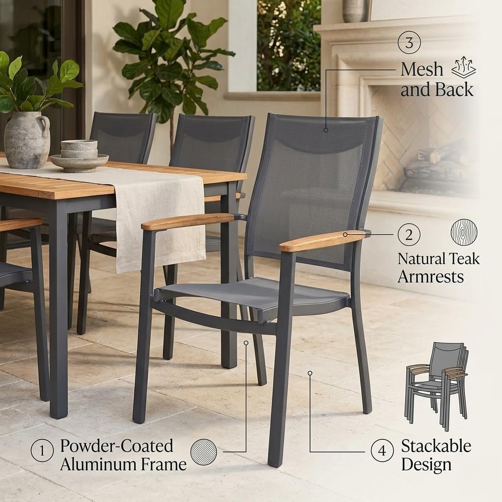Franklin 4-Piece Aluminum Patio Dining Chairs | 100% Teak from Indonesia Armrests | Ideal for Outdoors and Indoors