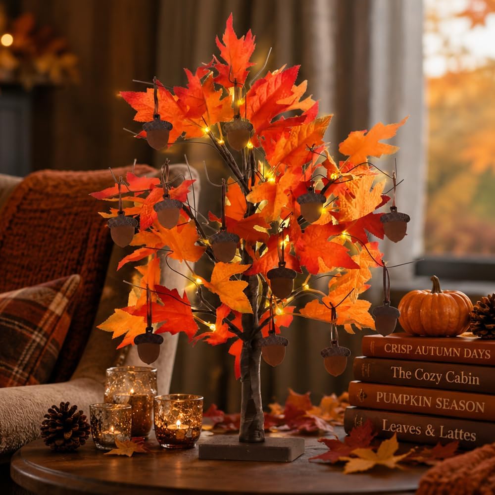 Fall Decorations, Thanksgiving Decorations, 24"/2FT Lighted Fall Maple Leaves Tree with 24 LEDs for Autumn Decor, 12