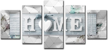 Home Love Wall Art Canvas Blue and White 5 Panels Framed Painting Decoration Modern Still Life Love Stretched Artwork