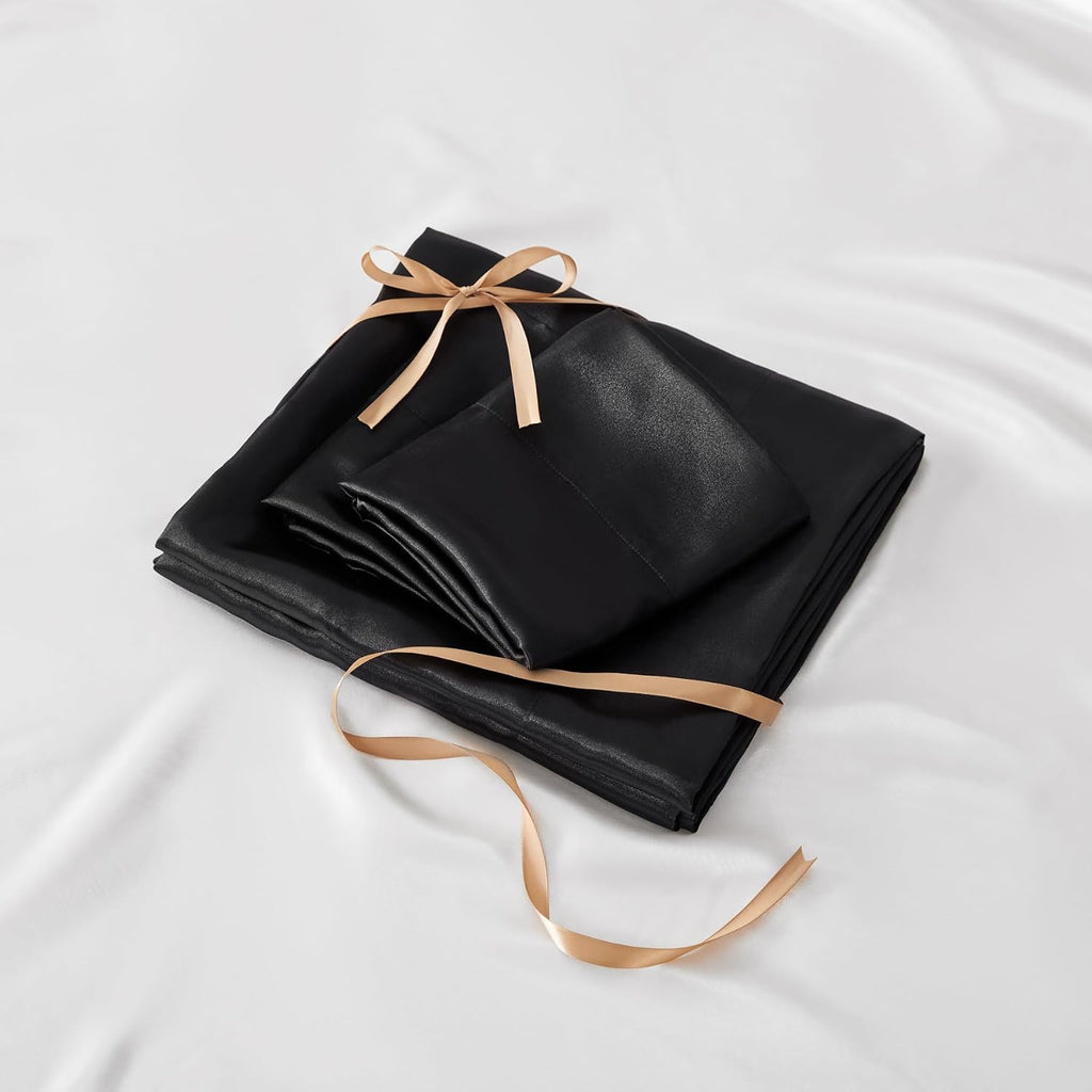 Satin Sheets Bed Set, Luxury Soft Black Silky Sheets for Hair and Skin, Similar to Silk Bed Sheets Set 4 Pieces