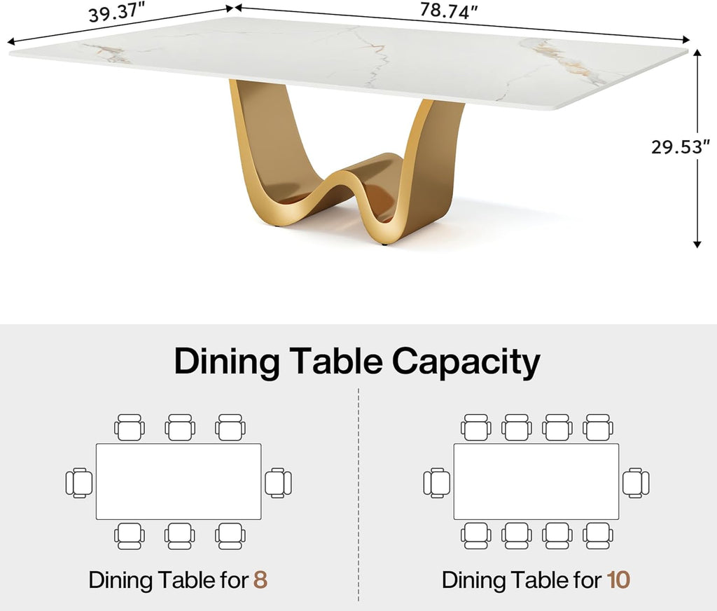 78.74" Sintered Stone Dining Table for 6-8, Modern Luxury White & Gold Rectangle Kitchen Table with Stone Slate