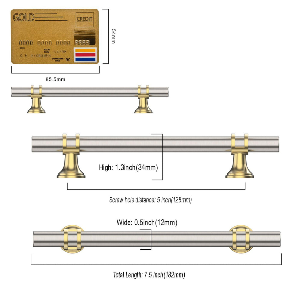 10 Pack Brushed Satin Nickel and Gold Cabinet Pulls 5 Inch(128MM) Hole Centers Kitchen Cabinet Handles Cabinets
