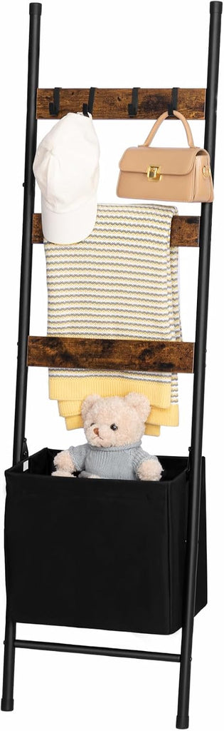 Blanket Ladder with Basket, 17.3"L x 63.4"H, Towel Rack with Hooks, Blanket Holder Rack, Decorative Ladder Shelf
