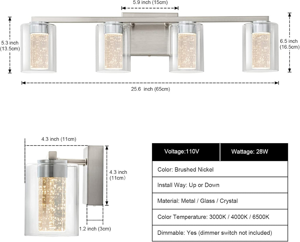 4-Light Brushed Nickel Vanity Light with 3 Color Modes (3000K/4000K/6000K), Eye Protection LED Bathroom Light