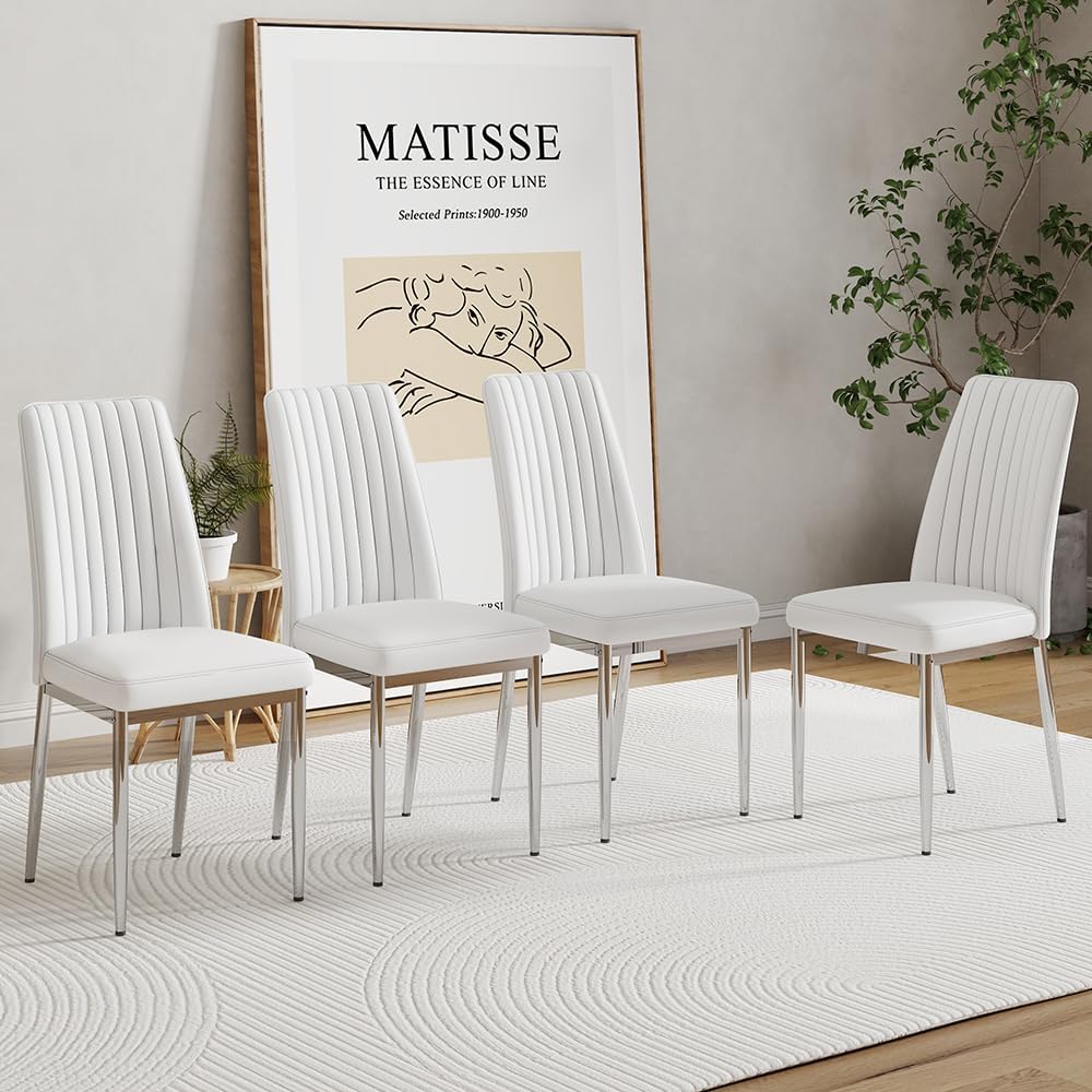 White Leather Chair, Modern Dining Chair Set of 4 with PU Leather and Chrome Leg, Sillas de Comedor with High Back