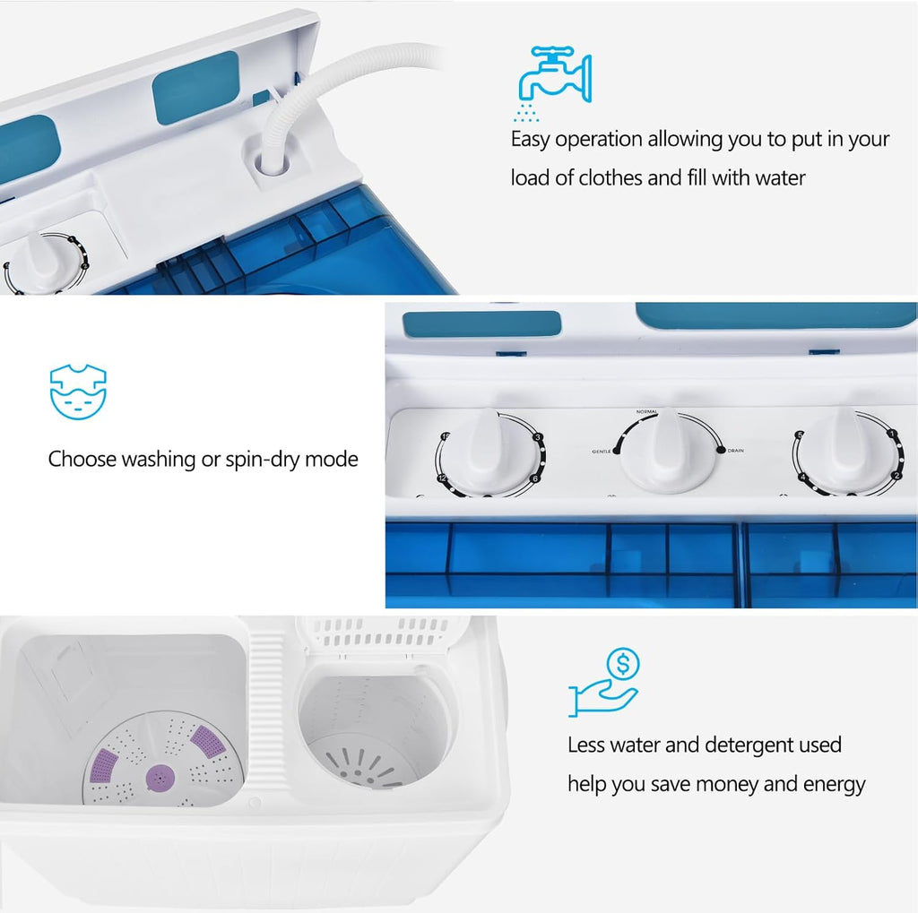 Portable Washing Machine, Twin Tub 26 Lbs Capacity, 18 Lbs Washer and 8 Lbs Spinner, Compact Washer with Control Knobs