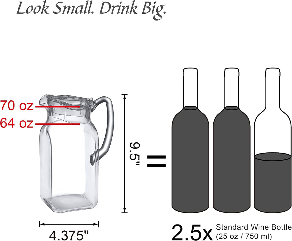 Quadly - Plastic Pitcher (64 oz, 2 Quart), Clear Water Pitcher with Lid, Fridge Jug, BPA-Free, Shatter-Proof, Great