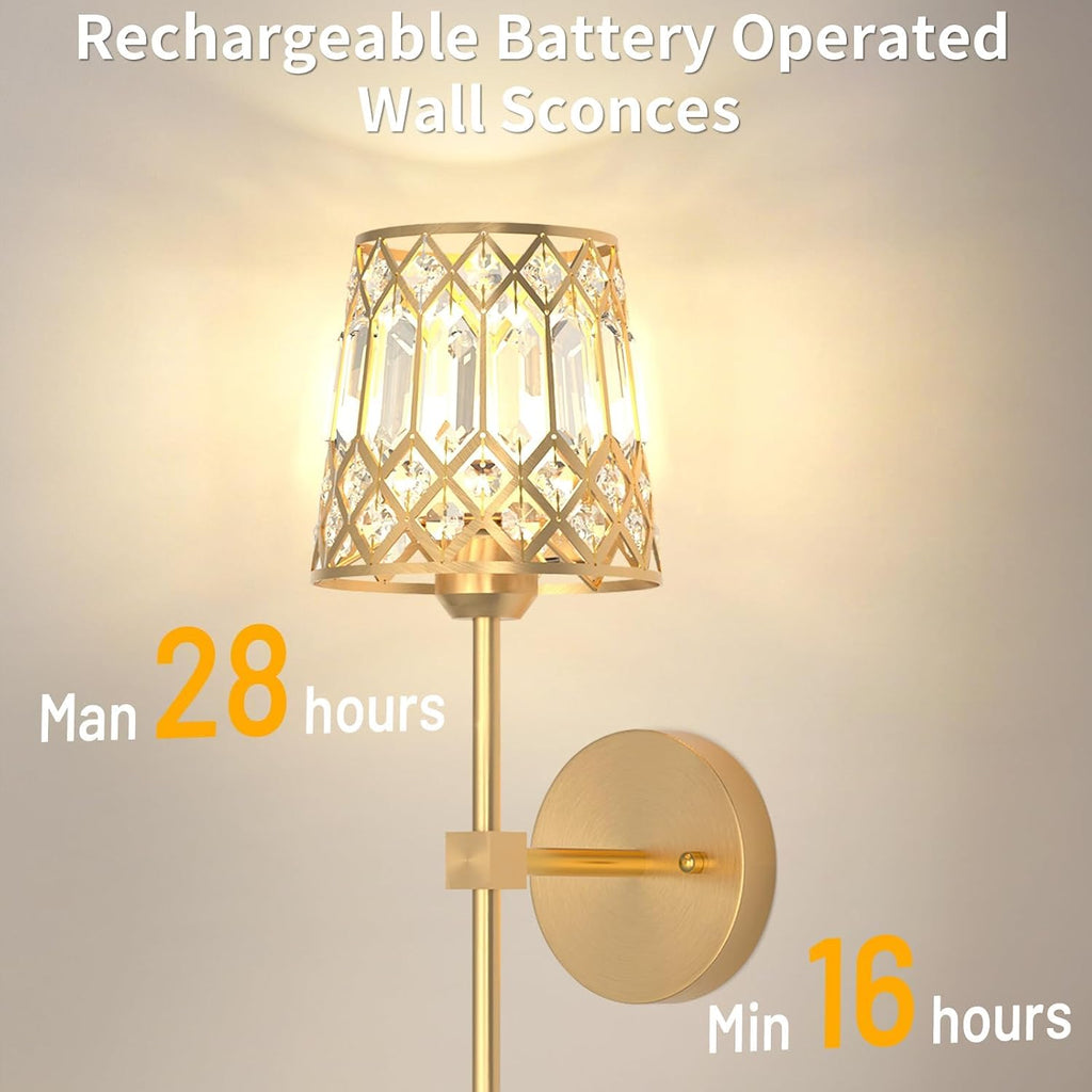 Gold Battery Operated Wall Sconces Set of 2, Crystal Rechargeable Wireless Wall Sconce Light Fixtures for Home Decor