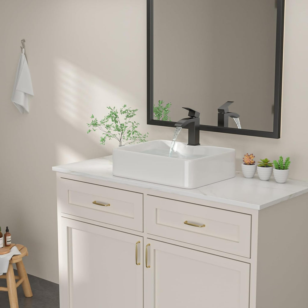 19 In. White Vessel Sink for Bathroom, Rectangular Above Counter Porcelain Ceramic Sink with Black Accessories