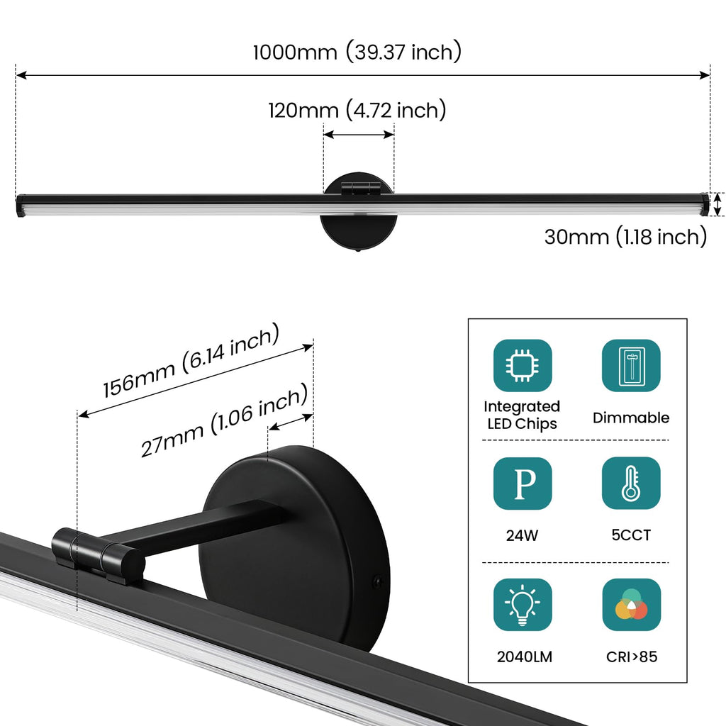 Black Vanity Light 39 Inch Modern Bathroom Light Fixture Over Mirror 24W Dimmable 5CCT LED Vanity Light Restroom