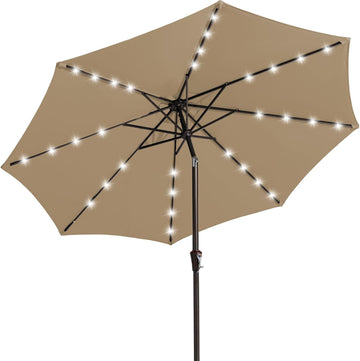 9FT Outdoor Patio Umbrella with Solar Lights, LED Lighted Pool Umbrella with Tilt and Crank - Beige