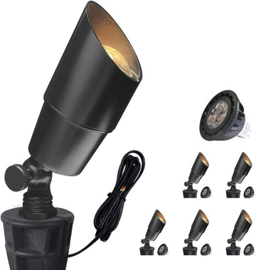 Brass Low Voltage Landscape Spotlight(Black) 6-Pack with 5W Aluminum Housing MR16 LED Bulb 2700K 450LM CRI85+,12V