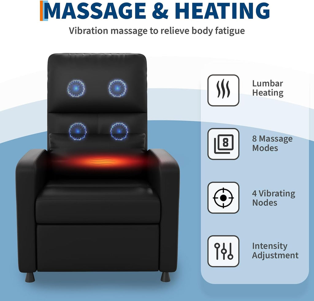 Power Recliner Chair with Massage and Heat, Adjustable Electric Recliner Ergonomic Overstuffed PU Leather Single