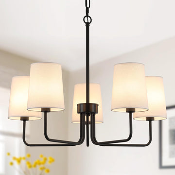 Farmhouse Chandelier, Matte Black with White Fabric Shade, Farmhouse Linear Island Lighting Fixture (5-Light Matte